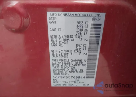 2015 Nissan Rogue Sl from USA, damaged, VIN 5N1AT2MT6FC769844